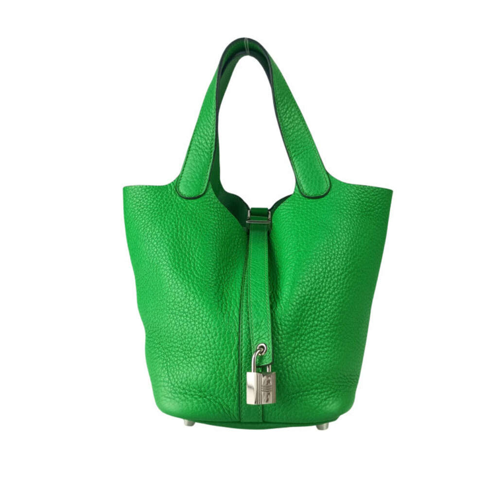 HERMES Picotin Lock PM Bamboo (Green) Handbag, Taurillon Clemence Leather, Wo...